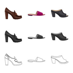 Vector illustration of footwear and woman sign. Set of footwear and foot vector icon for stock.