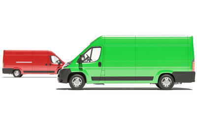 Green and Red Delivery Vans in Opposite Directions 3d rendering