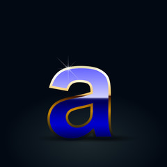 Blue glossy casino letter A lowercase with golden outline isolated on black background