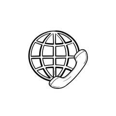 Obraz premium Globe and phone receiver hand drawn outline doodle icon. Global communication, international calls concept. Vector sketch illustration for print, web, mobile and infographics on white background.