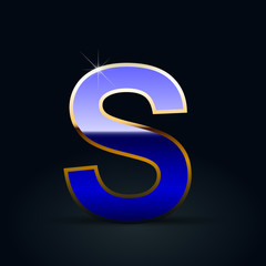 Blue glossy casino letter S uppercase with golden outline isolated on black background