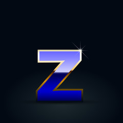 Blue glossy casino letter Z lowercase with golden outline isolated on black background
