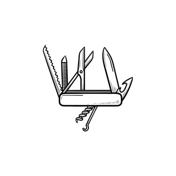 Swiss Folding Knife Hand Drawn Outline Doodle Icon. Multipurpose And And Army Knife, Penknife Concept. Vector Sketch Illustration For Print, Web, Mobile And Infographics On White Background.