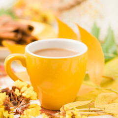 Naklejka na ściany i meble Autumn banner with cup of coffee with cinnamon on white wooden background with colorful tree leaves.