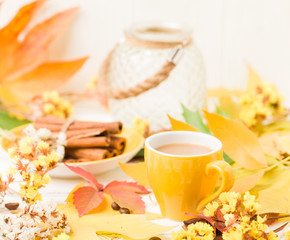 Autumn banner with cup of coffee with cinnamon on white wooden background with colorful tree leaves.