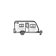 Camper hand drawn outline doodle icon. Camping trailer, vacation and travel, tourism and journey concept. Vector sketch illustration for print, web, mobile and infographics on white background.