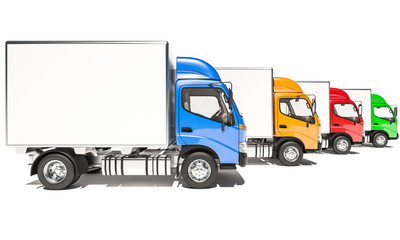 Side View of Lined Up Box Trucks with Cabins in Different Colors 3d rendering