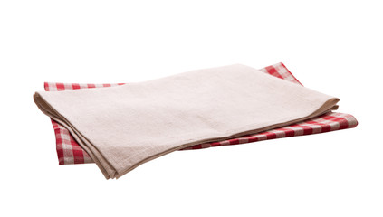 Napkin isolated on white. Multi-colored linen napkins for restaurant. Mock up for design. Top view.