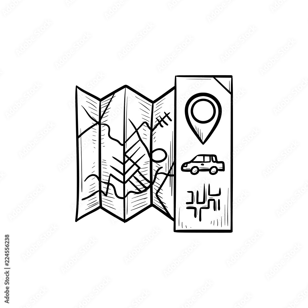 Poster folded map with pointer and car hand drawn outline doodle icon. guide and route, navigation and trav