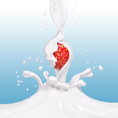 Obraz na płótnie Canvas Strawberry in splashing cream, abstract background dessert, isolated 3d rendering