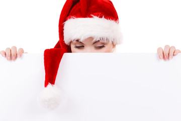 Woman with blank empty banner board. Christmas