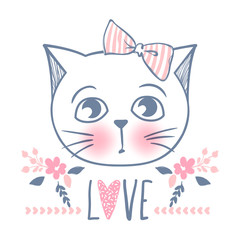 Cute cat vector design. Girly kittens. Fashion Cat's face.