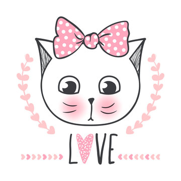 Cute cat vector design. Girly kittens. Fashion Cat's face.