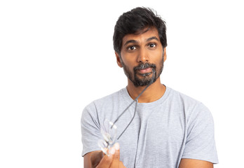 Man gesturing with eyeglasses or spectacles.