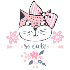 Cute cat vector design. Girly kittens. Fashion Cat's face.