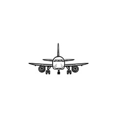 Front view of airplane hand drawn outline doodle icon. Aviation and tourism, flying aircraft, airliner concept. Vector sketch illustration for print, web, mobile and infographics on white background.