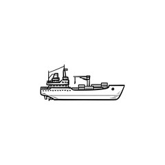 Cargo container ship hand drawn outline doodle icon. Ship transport, shipping, freight transportation concept. Vector sketch illustration for print, web, mobile and infographics on white background.