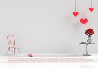 White living room decor with pink chair,red rose, red hearts lamp, pillows, ,glass table, White wall, tile floor. Rooms of Love on Valentine`s Day. Background and interior. 3D render.