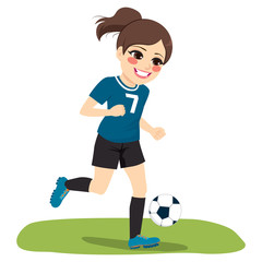Young ponytail brunette happy face expression soccer running playing football with black and blue uniform