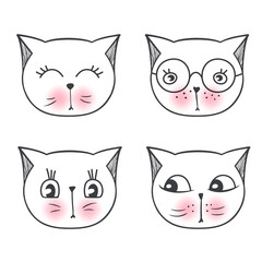 Vector series with cute fashion cats. Stylish kitten set isolated.