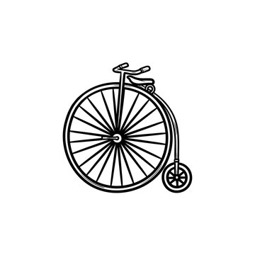 Old high wheel hand drawn outline doodle icon. Retro transport, vintage bicycle and recreation concept. Vector sketch illustration for print, web, mobile and infographics on white background.