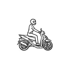 Fototapeta na wymiar Motorcyclist riding motorbike hand drawn outline doodle icon. Biker and freedom, travel and race concept. Vector sketch illustration for print, web, mobile and infographics on white background.