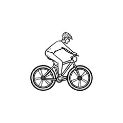 Obraz premium Biker riding mountain bike hand drawn outline doodle icon