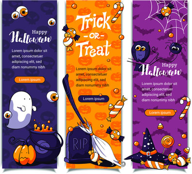  Halloween vertical banners with pattern on background. Hand drawn cartoon vector invitations with lettering. Orange and violet halloween banners with tombstone, broom, ghost, sweets and pumpkin.