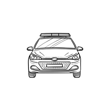 Police car with siren hand drawn outline doodle icon. Police transport, patrol and protect from criminal concept. Vector sketch illustration for print, web, mobile and infographics on white background