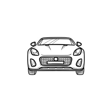Car front view hand drawn outline doodle icon. Automobile and speed vehicle, drive and travel, road concept. Vector sketch illustration for print, web, mobile and infographics on white background.