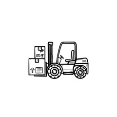 Warehouse forklift truck with cardboard boxes hand drawn outline doodle icon. Loader, warehouse vehicle concept. Vector sketch illustration for print, web, mobile and infographics on white background.
