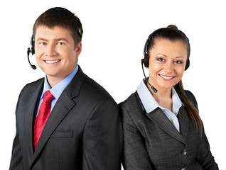 Portrait of a Female and Male Phone Operator in Headset