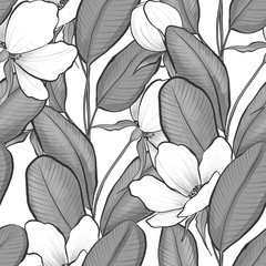 Black and white seamless floral pattern. White flowers with gray leaves.