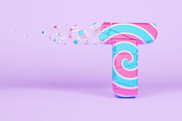 Broken shattered alphabet letter T uppercase. Crushed christmas font made of pink and blue striped lollipop. 3D render.