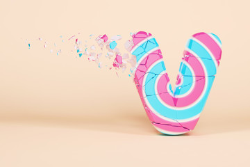 Broken shattered alphabet letter V uppercase. Crushed christmas font made of pink and blue striped lollipop. 3D render.