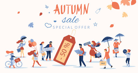 Autumn sale. Promotion poster with people doing shopping.