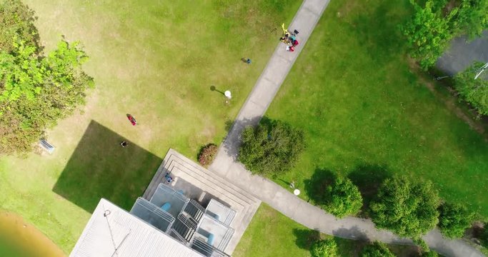 Aerial view of group of people in the park discussing and doing work.