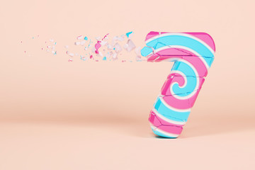 Broken shattered alphabet number 7. Crushed christmas font made of pink and blue striped lollipop. 3D render.