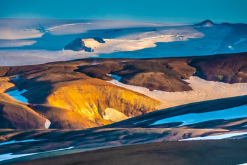 Snowed summer hiking trails near the Hrafntinnusker (Obsidian Reef) Campsite  in the Fjallabak...