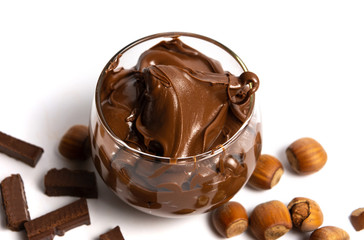 Hazelnut chocolate cream in a bowl isolated