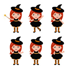 Adorable little witch character in different poses. Halloween costume. Vector.
