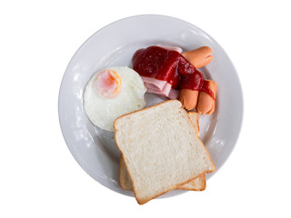Simple dish of the American breakfast included egg, ham, bread and sausage.  Isolated on white background.