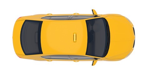 Taxi car top down view. Yellow taxicab sedan with checker top light box on roof flat style 3D illustration isolated on white background. For taxi service app, transport company ad, infographics