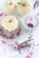 still life with pumpkin in the cup and napkin with flowers