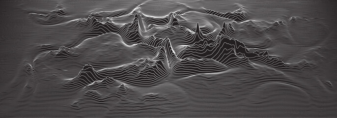 Vector 3d echo audio wavefrom spectrum. Music waves oscillation graph futuristic visualization. Black and white line impulse pattern. Or Abstract relief map. Landscape elevation concept.