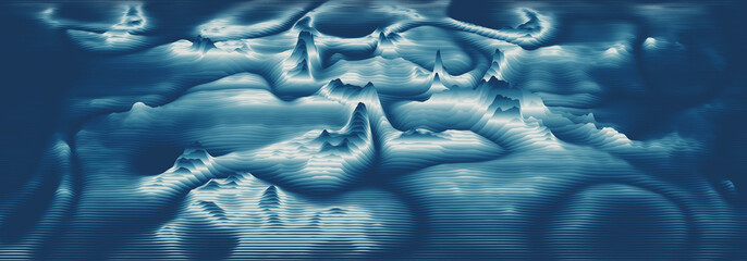 Vector 3d echo audio wavefrom spectrum. Music waves oscillation graph futuristic visualization. Bluish faded impulse pattern. Or Abstract relief map. Landscape elevation concept.