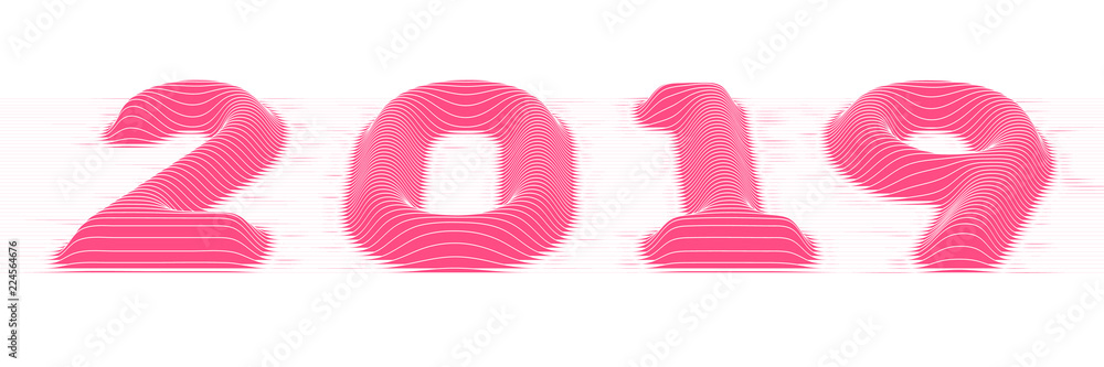 Poster 2019 happy new year. vector background with embossed sliced volumetric 2019 colorful numbers for you