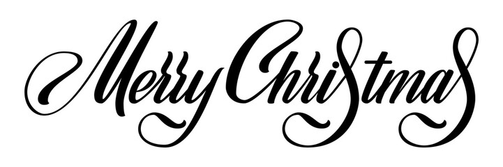 Merry Christmas vector calligraphic lettering. Black on white greetings design for card template. Creative handwritten typography for holiday greeting cards, posters, banners etc.