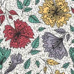 Foto auf Acrylglas Repeatable background. Vector seamless pattern wild plants, herbs and flowers, fol artistic botanical illustration in folk style, hand drawn floral motif with outlined ornamental plants. © ozzichka