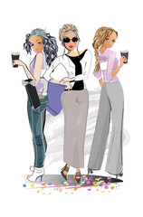 Series of Fashion cute girls sketches with accessories. Beautiful women. Hand drawn vector illustration.